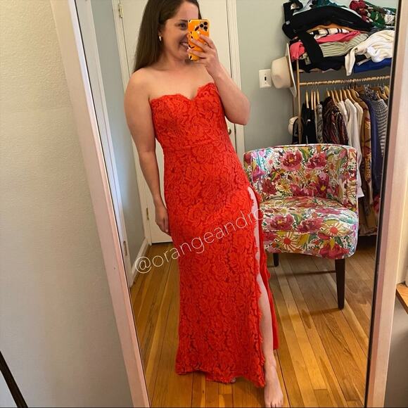 Fame and Partners Red Lace Strapless Maxi Dress Small - Picture 7 of 12